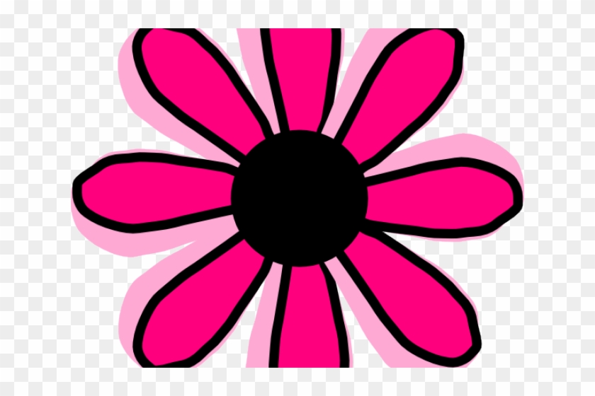 Bright pink cartoon-style flower with black center and outlined petals on transparent background.
