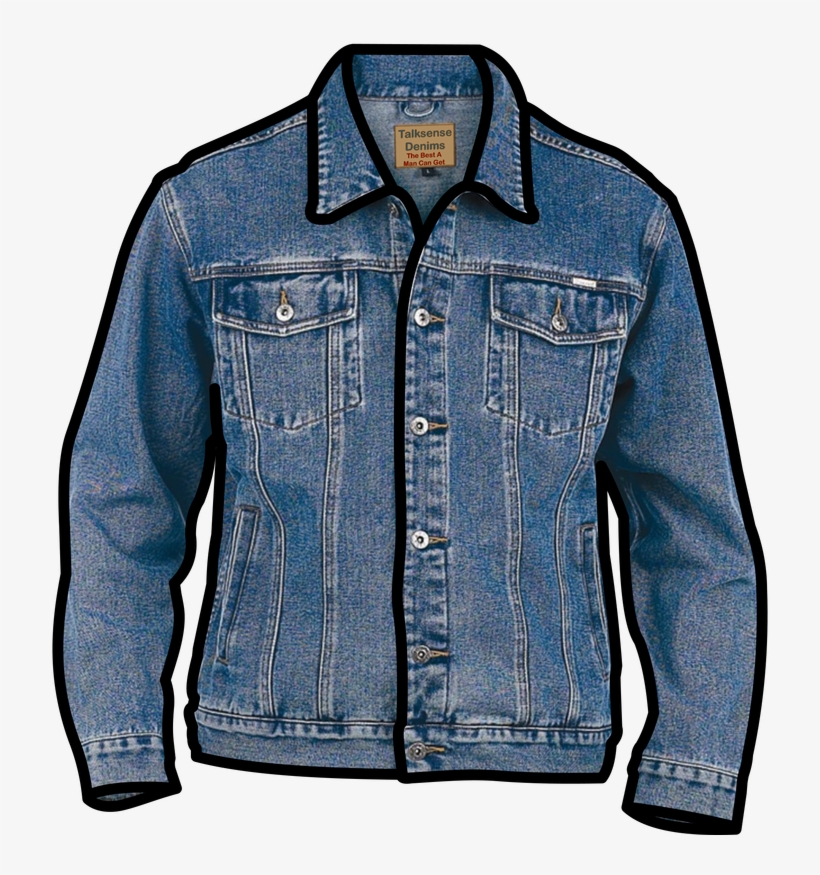 Classic blue denim jacket with button-front closure, chest pockets, and collar; brand label "Talksense Denims" visible inside.