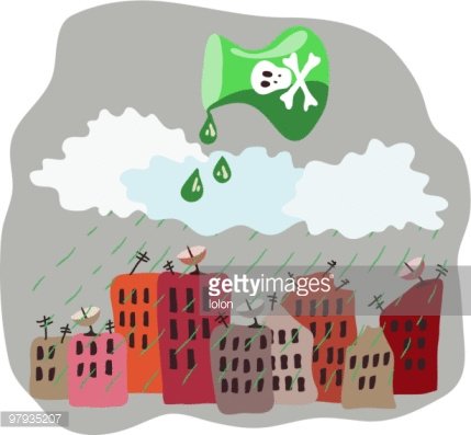 A cartoon illustration showing a green poison bottle pouring toxic rain over a cityscape, symbolizing environmental pollution.