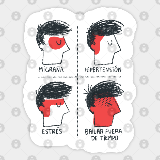 Illustrated infographic showing four stress-related symptoms: migraine, hypertension, stress, and time pressure, each with a stylized human profile.
