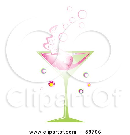 A stylized pink cocktail in a green martini glass with bubbles and swirls, evoking celebration and elegance.