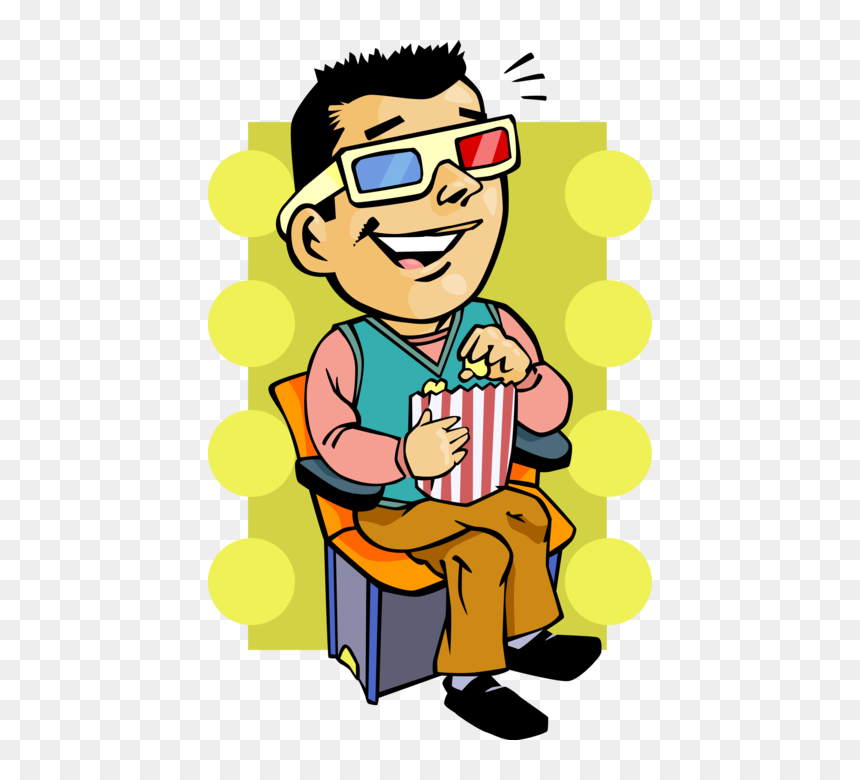 Happy cartoon man wearing 3D glasses, eating popcorn in a cinema seat.