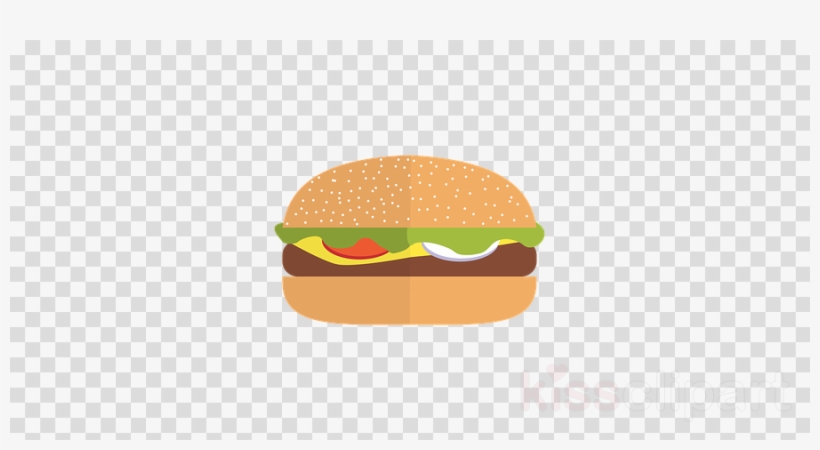 Flat-style cartoon hamburger with sesame seed bun, lettuce, tomato, cheese, and patty on transparent background.