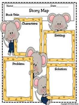 Printable story map worksheet with cartoon mice illustrating characters, setting, problem, and solution sections.