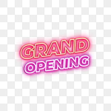 Neon-style "GRAND OPENING" text in pink and red gradient with glow effect on transparent background.