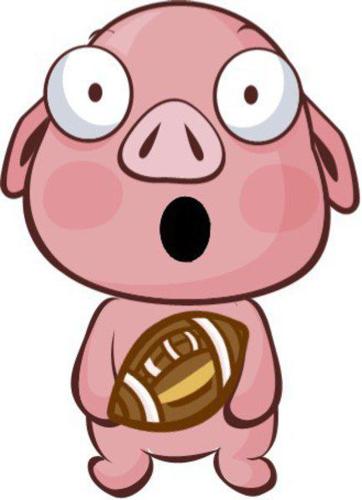 Surprised cartoon pig holding an American football, wide-eyed and open-mouthed.