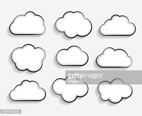 Nine stylized cloud icons with black outlines and drop shadows on light gray background, arranged in a 3x3 grid.