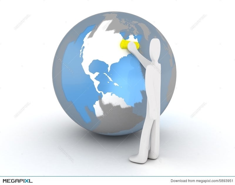 A white 3D figure cleans the North American continent on a globe with a yellow sponge.