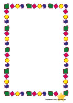 Colorful geometric border frame with repeating red, yellow, green, and purple shapes on white background.