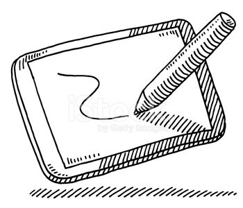 Hand-drawn sketch of a digital tablet with a stylus drawing a squiggly line on its screen.