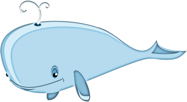 Friendly cartoon blue whale with a smiling face and curly blowhole spout.