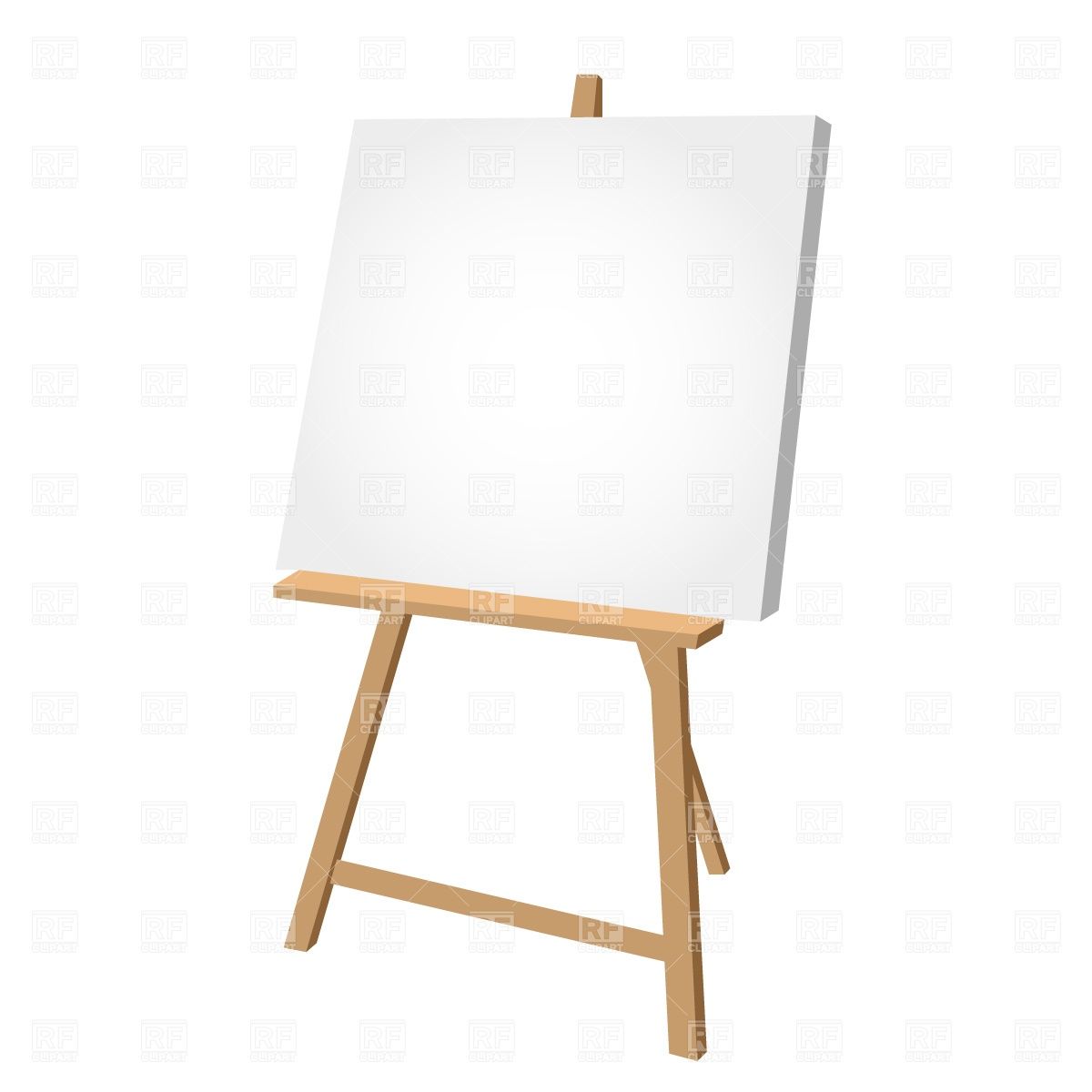 Wooden easel holding a blank white canvas, isolated on white background.
