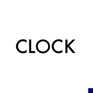 Bold black sans-serif text reading "CLOCK" on a white background with a small blue square in the bottom right corner.