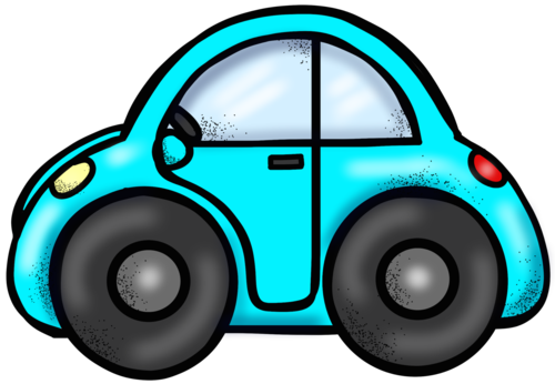 A cartoon-style bright blue car with large black wheels, yellow headlight, and red taillight on a black background.