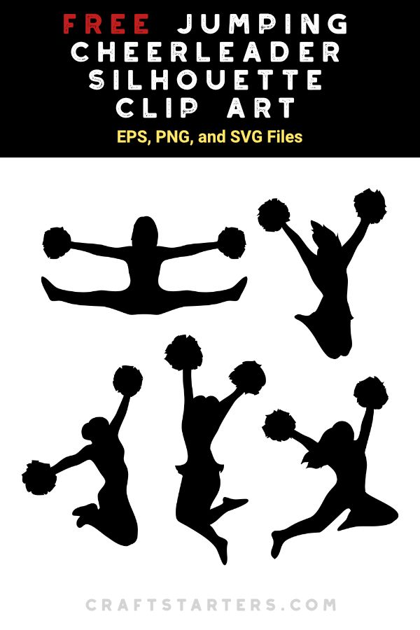 Five black silhouette cheerleaders in dynamic jumping poses with pom-poms, against white background; free clip art.