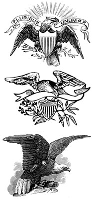 Three vintage American bald eagle emblems: heraldic, bannered, and naturalistic perched eagles in black-and-white engraving style.