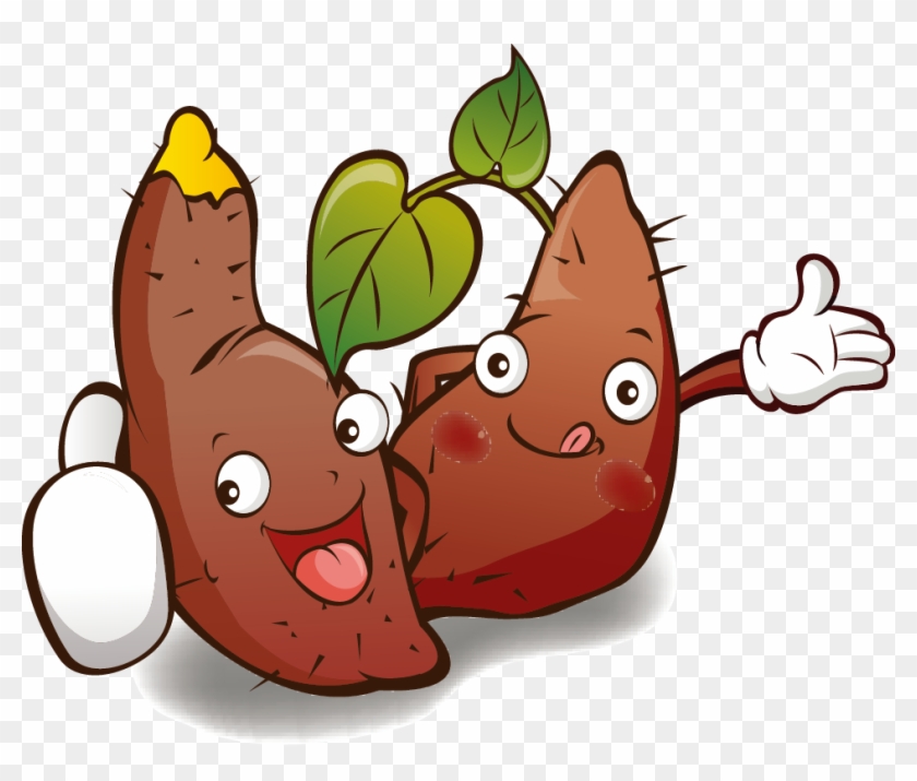 Two cheerful cartoon sweet potatoes with faces, arms, and green sprouts, giving thumbs-up and waving.