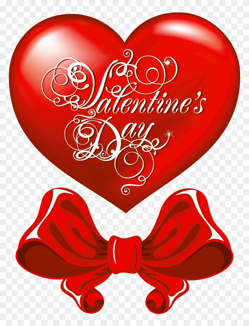 Red glossy heart with "Valentine's Day" in ornate white script, topped with a matching red ribbon bow.