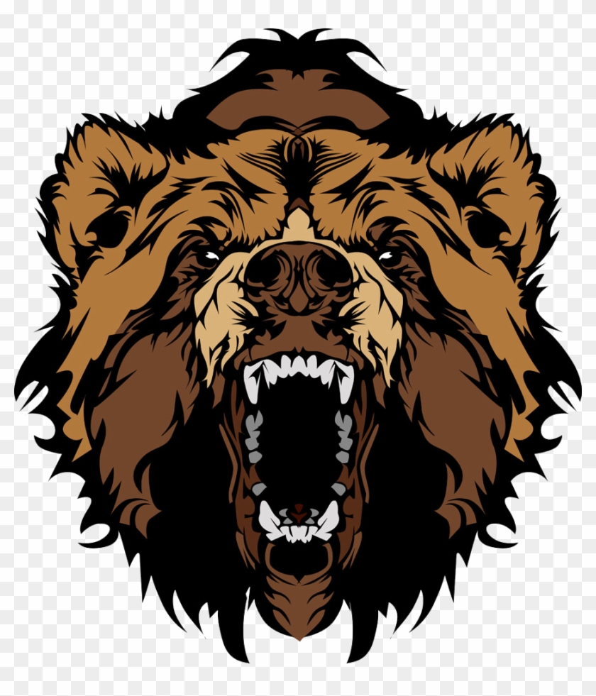 Fierce roaring bear head illustration with detailed fur and sharp teeth, symmetrical design on transparent background.