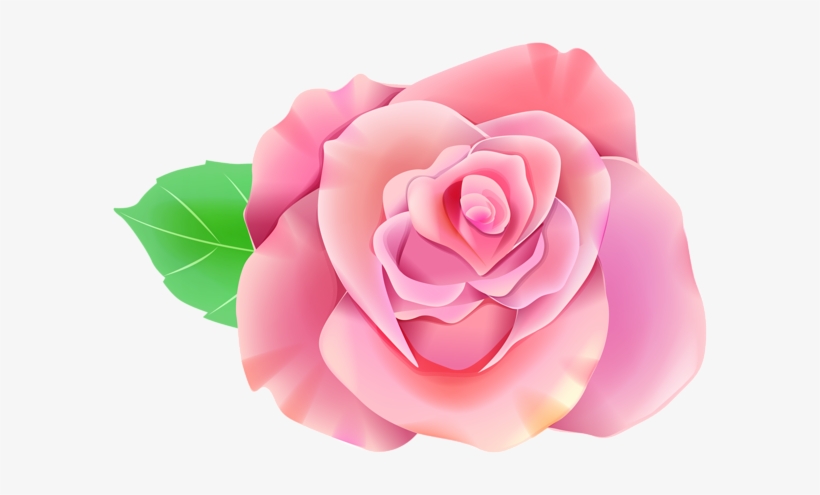 A vibrant pink rose with layered petals and a single green leaf, illustrated in soft gradient tones.