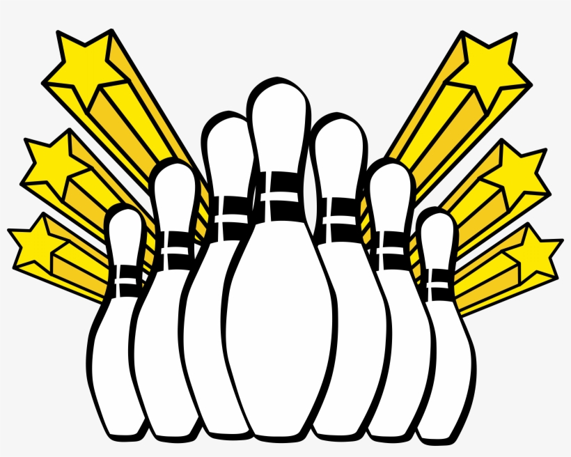 Bowling pins with golden stars bursting behind them, symbolizing achievement or victory in bowling.