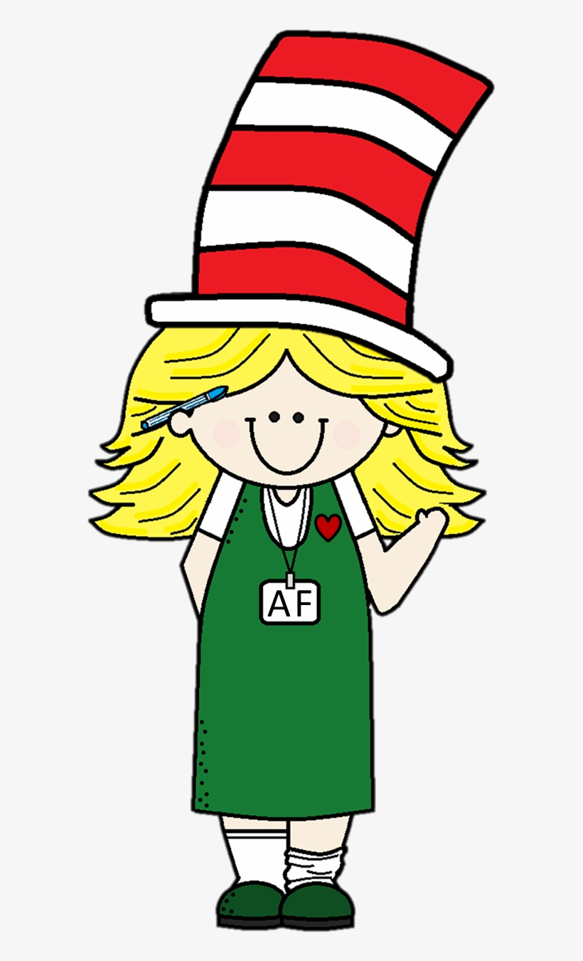 Cartoon girl with blonde hair, red-and-white striped hat, green apron labeled "AF", holding a pen.