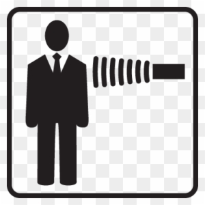 Silhouette of a person in a suit emitting signal waves toward a rectangular device, symbolizing RFID or contactless identification.