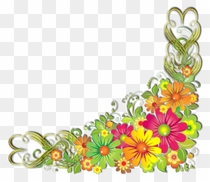 Vibrant floral corner decoration with colorful daisies, swirls, and hearts on transparent background.