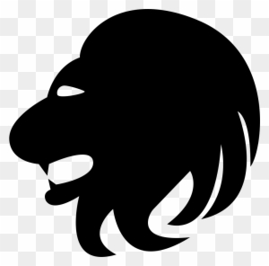 Black silhouette of a roaring lion’s head in profile, stylized with bold mane and open mouth.