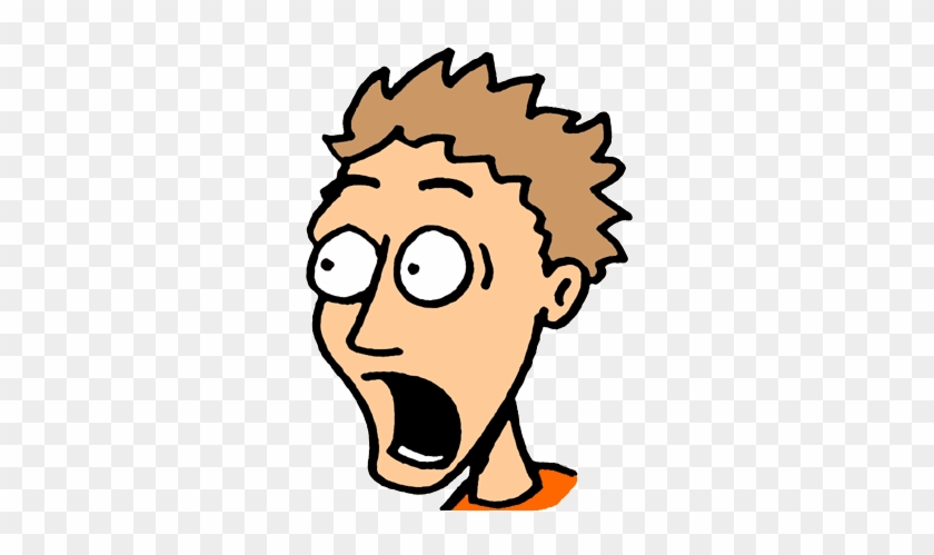 Cartoon man with spiky brown hair, wide eyes, and open mouth in shock or surprise.
