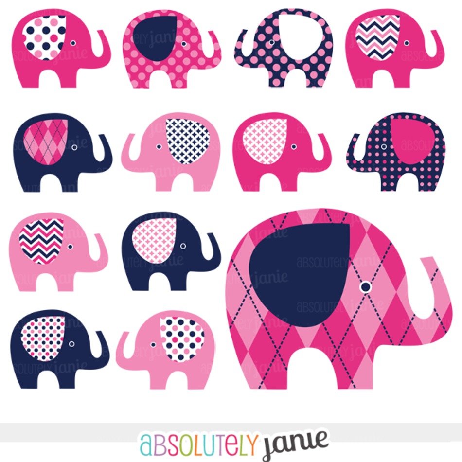 Pink & Navy Elephant Clip Art Set - Cute Patterned Elephants for Baby Shower & Nursery Decor