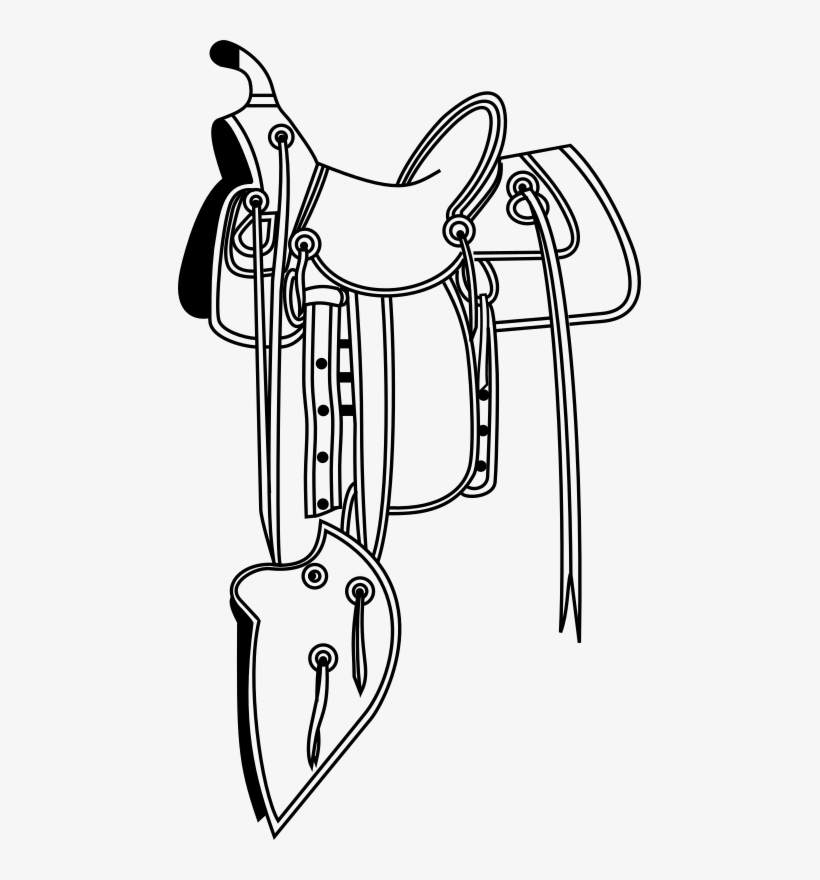 Black-and-white line drawing of a Western saddle with stirrups, fenders, and rigging details.