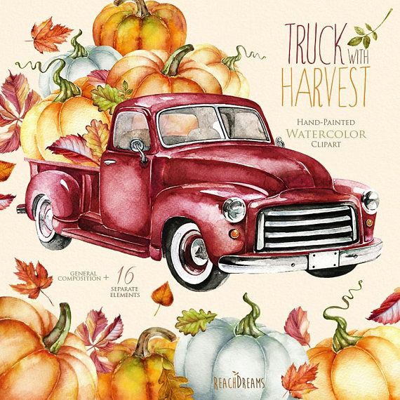 Vintage red pickup truck overflowing with pumpkins and autumn leaves, hand-painted watercolor illustration.