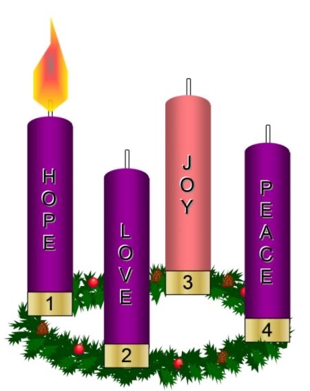 Advent wreath with four candles labeled Hope, Love, Joy, Peace; first candle lit, numbered 1-4 on gold bases, green garland with berries.