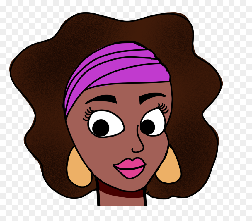 Cartoon illustration of a Black woman with curly brown hair, purple headwrap, and gold earrings, smiling gently.