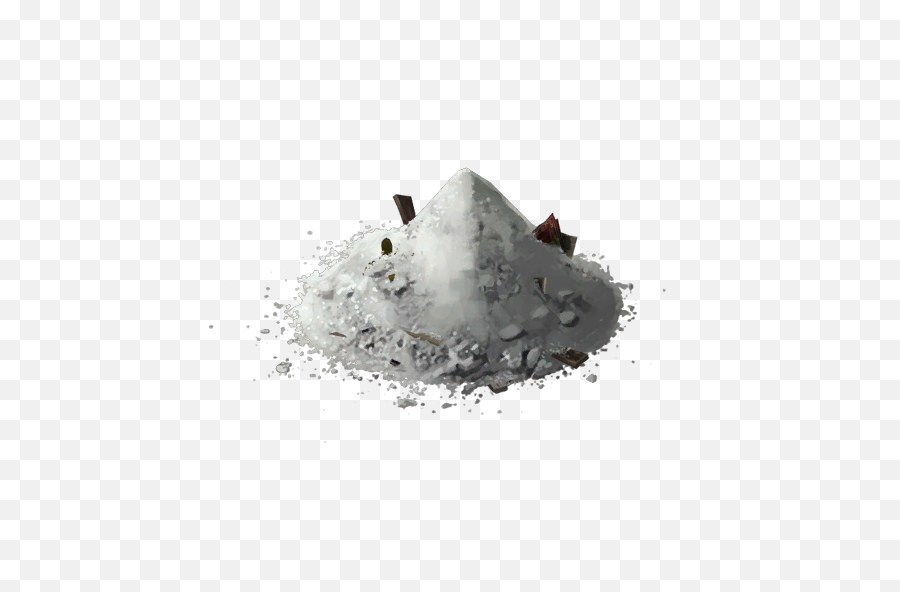 A mound of coarse white salt with scattered dark specks and fragments, set against a transparent checkered background.