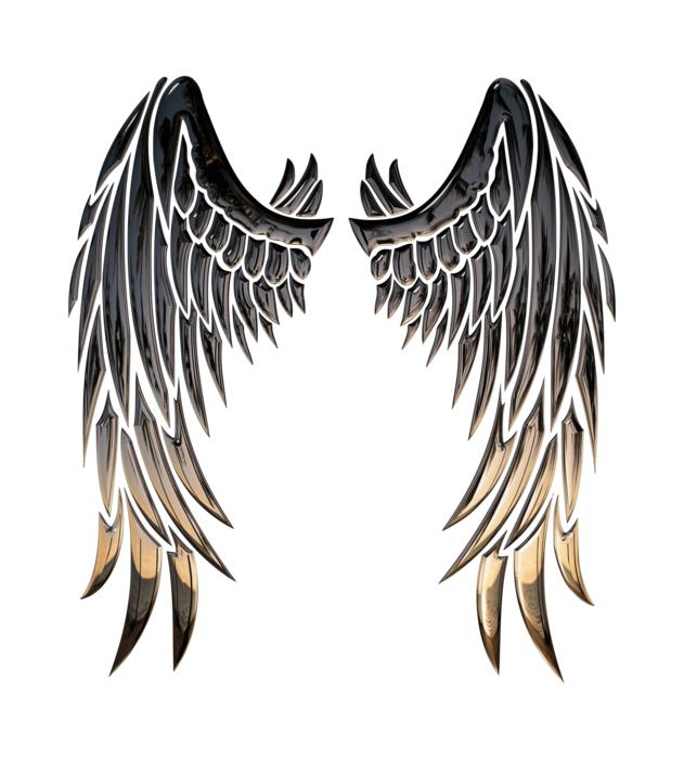 Glossy black and gold angel wings with white feather outlines, symmetrical and stylized for decorative use.