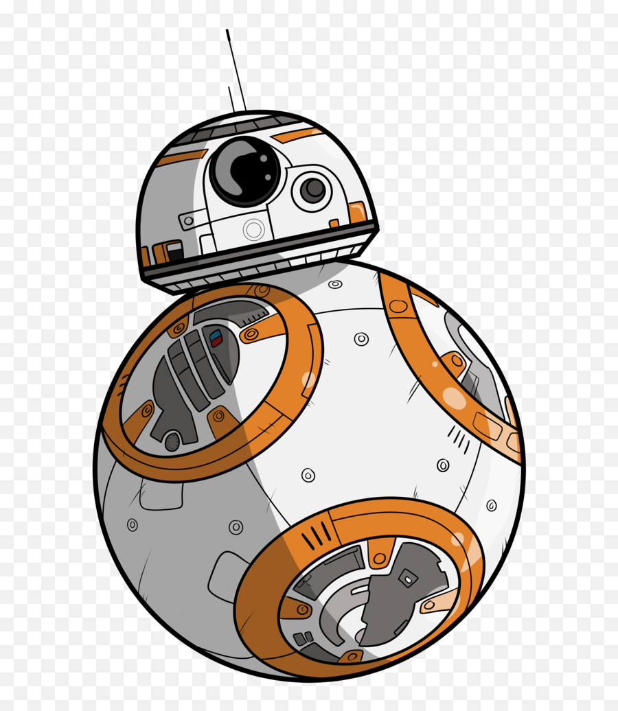 BB-8 droid from Star Wars, white and orange spherical robot with domed head and antenna, cartoon-style illustration.