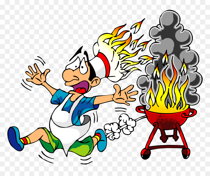 Panicked chef fleeing a flaming, smoking barbecue grill with fire erupting from his hat.