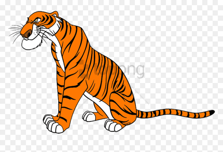 Stylized cartoon tiger sitting alert with orange fur, black stripes, and white markings on a transparent background.