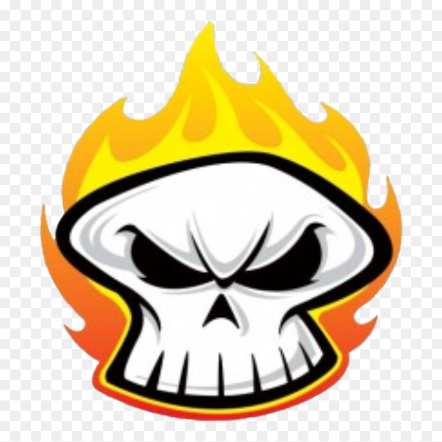 Angry flaming skull logo with bold black outlines and fiery orange-yellow flames.