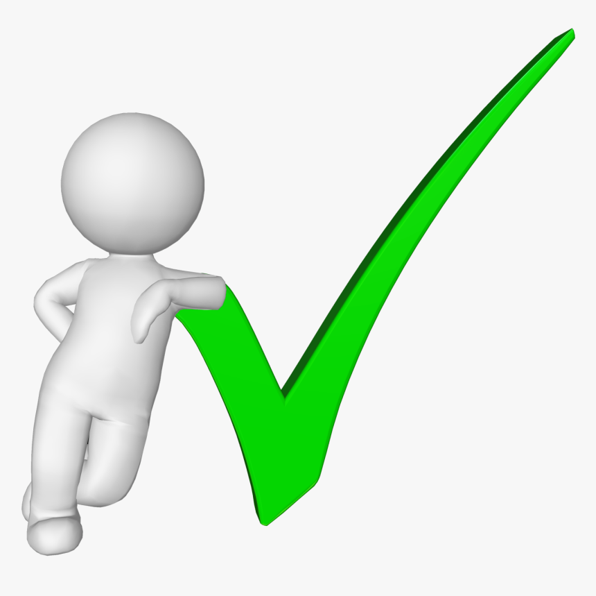 A white 3D stick figure leaning confidently against a large green checkmark, symbolizing success or approval.