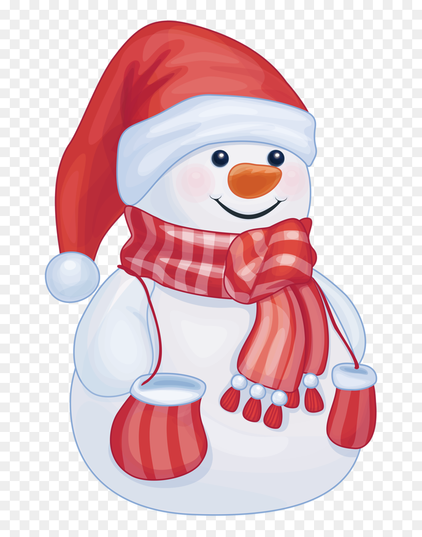 Cheerful cartoon snowman wearing red Santa hat, plaid scarf, and mittens with tassels, smiling on transparent background.