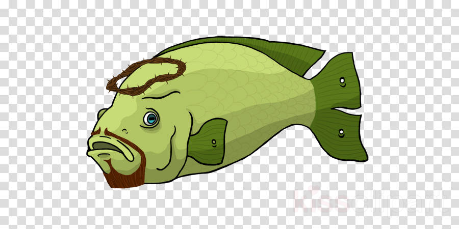Green anthropomorphic fish with beard, crown of thorns, and sad expression on checkered background.