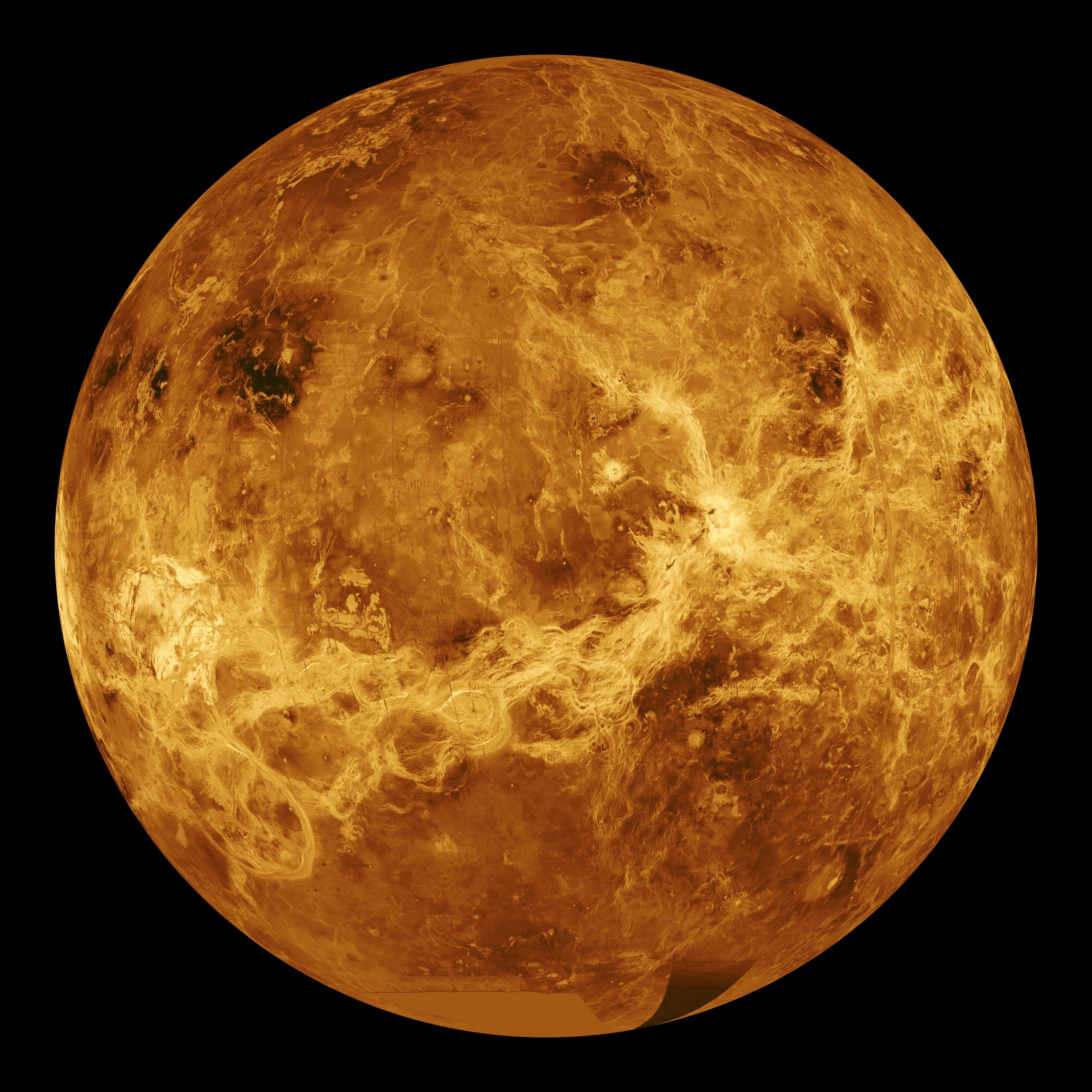High-resolution global map of Venus showing its volcanic plains, impact craters, and tectonic features in false-color infrared imaging.