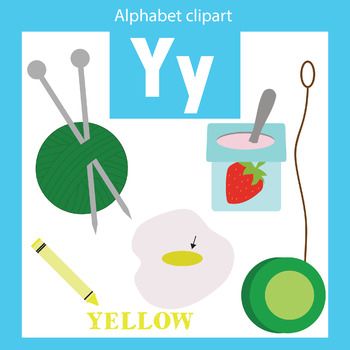 Alphabet clipart for letter Y featuring yarn, yogurt with strawberry, yellow pencil, fried egg, and yo-yo.