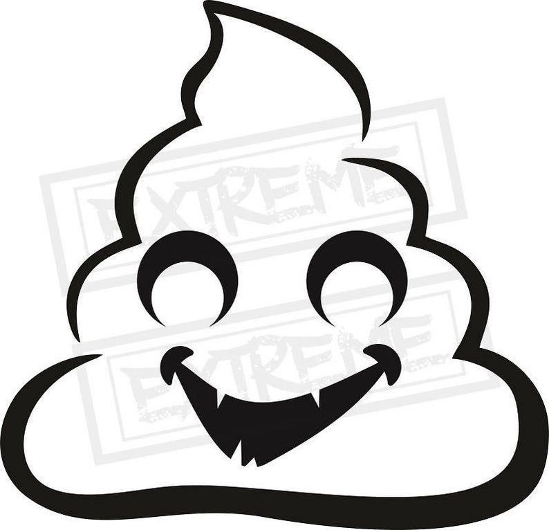 Smiling cartoon poop emoji with expressive eyes and jagged grin, black outline on white background.