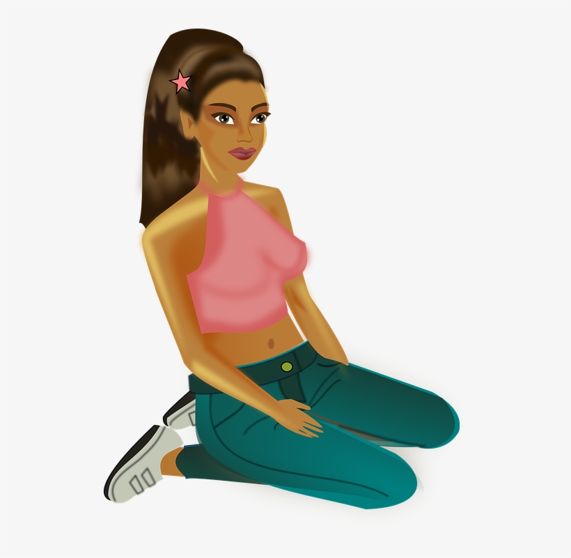 A stylish young woman with a high ponytail and pink star hair clip, wearing a pink halter top, teal jeans, and white sneakers, kneeling.