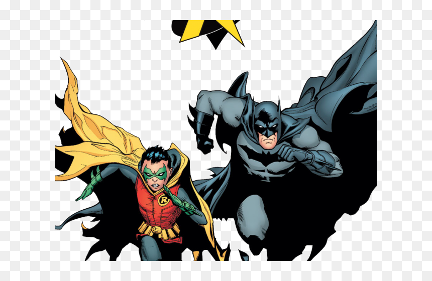 Batman and Robin in dynamic action pose, cape flowing, with yellow bat-signal above.
