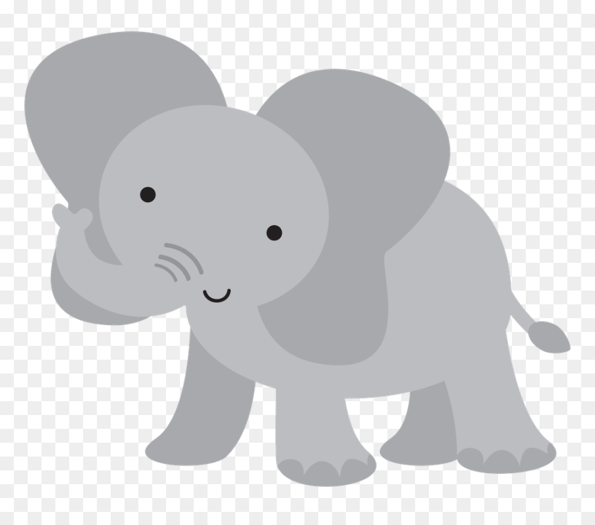 Cute cartoon baby elephant waving with a smile, gray tones on transparent background.